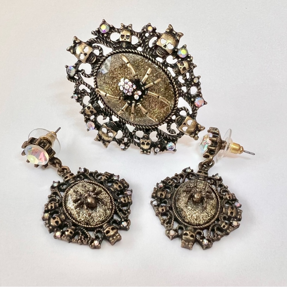 Betsey Johnson ‘Dark Forest’ Spider Statement Ring & Drop Earrings RARE/HTF!